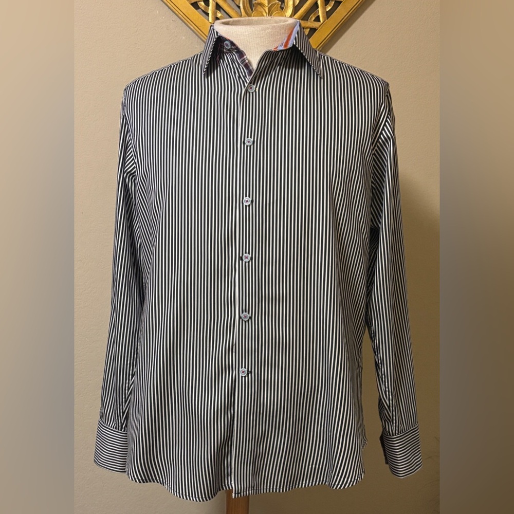 Robert Graham Longsleeve Shirt Black and White Pinstripe Size Medium